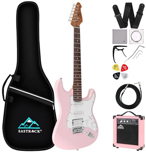 EASTROCK E Gitarre Set, E Guitar 39 Zoll,Elektrogitarre mit Verstärker 10 Watt, Gitarrentasche, Plektrum, Gurt, Instrumentenkabel, Ersatzsaiten, Geeignet für Anfänger und Profi-Künstler,Rosa