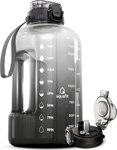 AQUAFIT 2 Litre Water Bottle with Straw - Water Bottles 2L with Time Marker - Half Gallon Big Bottle with Straw - Large Bottle For Gym - Grey Fade, 2-in-1 Lid | BPA Free Half Gallon Water Bottle with 2in1 Straw and Chug Lid - Leakproof Gym Water Bottle with Carry Handle (Midnight Gray)