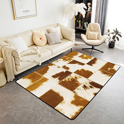 Alfombra de salón con estampado de vaca marrón y blanca de 100 x 150 cm, alfombra de cuero vacuno occidental de retazos, alfombra de cuero vacuno de animales de granja antideslizante, alfombra