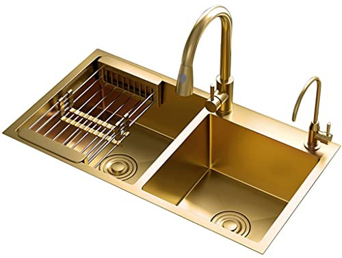 PhIree Spülbecken. Goldfarbenes Doppelwaschbecken Aus Edelstahl 304 Für Wohnmobile Mit Wasserhahn Und Abfluss An Der Oberseite Oder Am Unterbau/Gold/72X40X21Cm