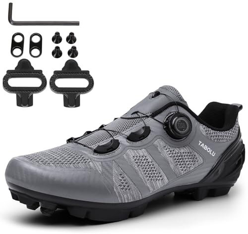 NGARY MTB Schuhe Herren Mountainbike Schuhe kompatibel mit SPD 2 Schrauben mit Cleats, Fahrradschuhe Unisex Radsportschuhe Draussen,Grau,46 EU