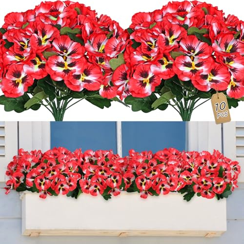 SOMYTING 10 Pcs Artificial Pansies for Outdoor Artificial Flowers (Red) | Silk Flowers UV Resistant Faux Flowers Plastic Plants for Front Porch Garden Window Box Hanging Planter Decoration