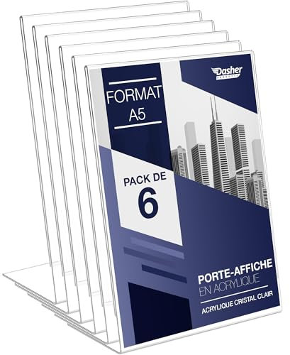 Dasher Products Supports de panneau en acrylique à dos incliné A5 - Cadre photo transparent pour panneaux, brochures, dépliants, menus, affichage - Tableau à message en Plastique (A5 - Lot de 6)