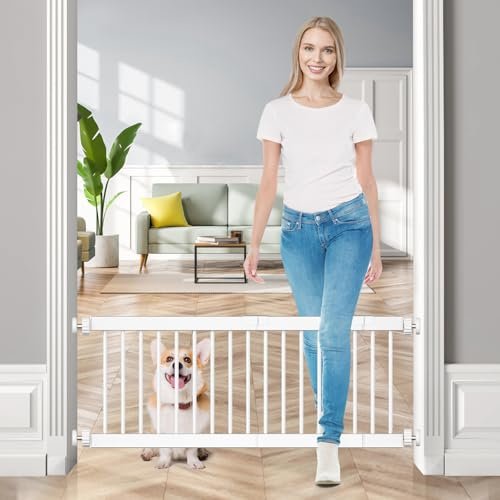 Fldofaves Hundgrind inomhus, 45-114 cm extra bred metall kort hundgrind att gå över, 25 cm hög liten husdjursgrind med 3 förlängningskit, tryckmonterad för dörröppningar och trappor