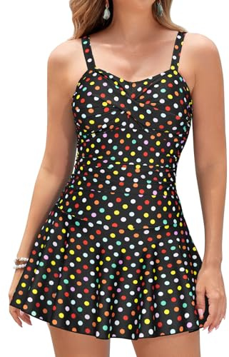 SHEKINI Femme Maillot de Bain Une Pièce Jupette Elégant Ruched Bandeau Robe de Plage Abdominal Contrôle Amincissante Sport Réglable Jupette Bikini de Plage（M，Noir-Points colorés）