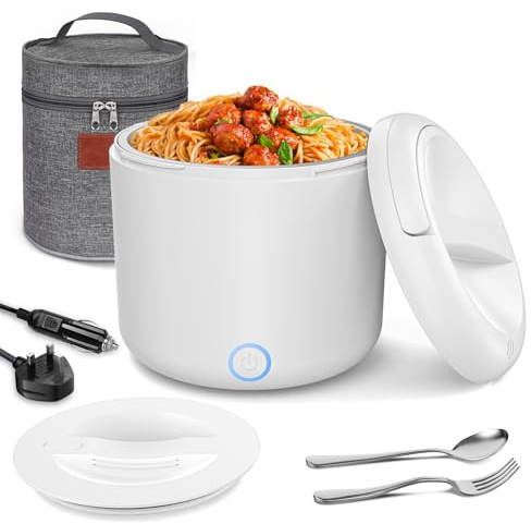 Herrfilk 100W Electric Lunch Box Food Heater, 1.2L Thermal Lunch Box with Insulated Lunch Bag, Spoon and Fork, Heated Lunchbox with 230V Home/Office &12V 24V Car/Truck Cables, Ideal for Dad, Driver