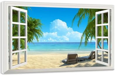 MUHJDYC Fensterblick Bild-Natur Leinwandbilder-Strand Ozean Palmen Wolken Landschaftsbilder auf Leinwand-3D Fenster Wandbilder Wohnzimmer Fertig zum Aufhängen 30x45cm Umwickelte Leinwand
