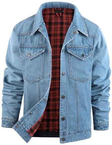 Rousytn Men's Flannel Lined Denim Jackets Cowboy Cut Western Vintage Rugged Jean Trucker Jacket with Pockets(LightBlue-XXL)