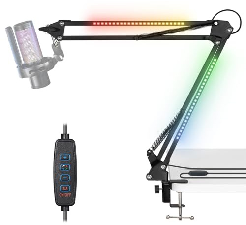Todeco Mikrofonarm med RGB-ljus, upphängningsbar mikrofonhållare med skrivbordsstativ, fjärrkontroll, 3/8 tums adapter, för spel/studio, Youtuber/Podcasting