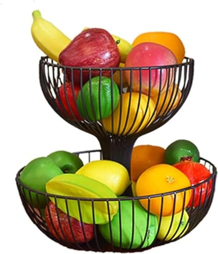 Stainless Steel 2 Tier Kitchen Countertop Fruit Rack Stand Hanging Fruit Basket and Bowl Organizer for Counter Gold/Silver Color