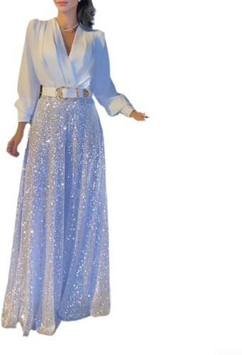 Eawfgtuw Damen-Jumpsuit mit Pailletten-Splicing, weites Bein, elegant, V-Ausschnitt, lange Ärmel, Abendparty, Outfit, lockere Passform, Playsuit für Club, Urlaub, Ferien, S-2XL (M Weiß)