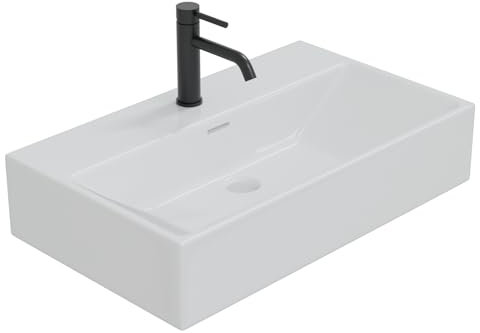 HAGO24 | Waschbecken Keramik eckig 605x365x130mm | Überlaufschutz | Aufsatzmontage | Wandmontage | weiß | kratzfest | Bad | pflegeleicht | modernes Design