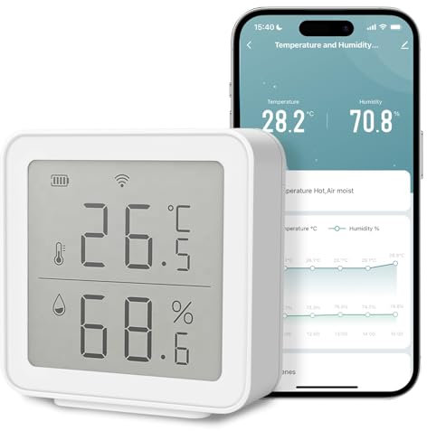 GlasFlength Termómetro Higrómetro Conectado WiFi, Pequeño LCD Sensor Humedad Temperatura Bluetooth Almacenamiento Datos Control por APP Lectura Remoto Termohigrómetro para Casa Dormitorio