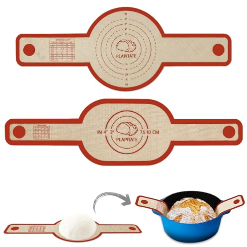PLAPITATE Silicone Bread Sling Dutch Oven Liner, Non-Stick & Easy Clean Reusable Oval and Round Silicone Bread Baking Mat with Long Handles, Easy to Transfer Sourdough Bread - 2 Red Set