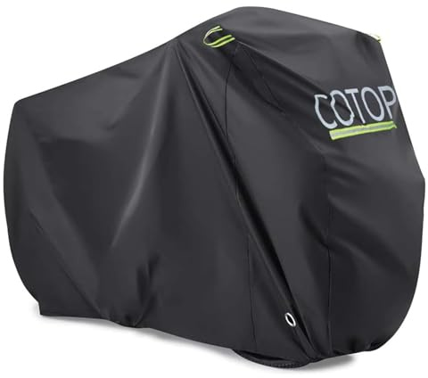 COTOP Vattentätt cykelöverdrag 210D Oxford – UV-skydd, damm- och regnskydd – universell passform 26–29 tum (66–74 cm) med vindsäker väska och remmar, 220 L x 95 A x 110 H cm
