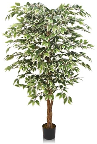 GOVIRAYE Ficus Benjamina Panaché Artificiel 180cm - Arbre Faux avec Feuilles Vert et Blanc, Déco Bureau/Maison Résistant Intempéries