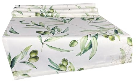 beties - Italy Collection - , Tischläufer ca. 40x130 cm Olive, 100 % Baumwolle – Premium Qualität – weiß mit grünen Oliven und zart goldenen Details