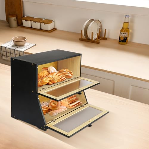 WODFARR Boîte à Pain Bambou 2- Couche Countertop Boîte à Pain en Bois de Bambou pour Cuisine, Boîte à pain double avec fenêtre Boîte à pain, ustensiles de cuisine-Noir