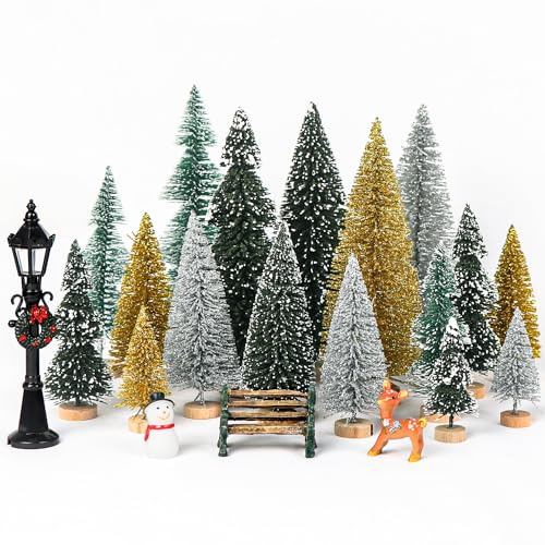 21PCS Kleine Künstliche Mini Weihnachtsbaum, DIY Tischdeko Weihnachten | Mini Tannenbaum Deko, Weihnachtsstraßenansicht, Stabile Holzbasis, Polyethylene, Kleiner Weihnachtsbaum für Tisch