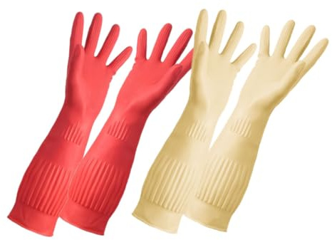 Mobestech 2 Paires de Nettoyage Réutilisables Latex de Longs Antidérapants pour Cuisine Vaisselle et Ménage Beige Rouge