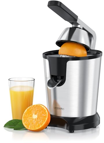 Arendo - Edelstahl Saftpresse elektrisch 1000 Watt - Zitruspresse Orangenpresse Entsafter - Hochleistungsmotor - sehr hohe Ergiebigkeit - Edelstahlkegel - BPA frei - Spülmaschinen-geeignet