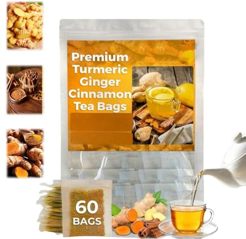 60PCS Natural Turmeric Ginger Cinnamon Tea Bags,Ginger Tea Bags,Cinnamon T-ea,Turmeric T-ea,Premium Hand-Made Blend Of T-urmeric,C-innamon And G-inger Te-a