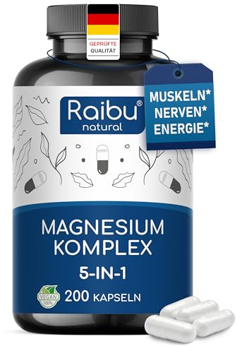 Magnesio Completo - Complex 5 in 1: Bisglicinato, Citrato, Malato, Carbonato e Ossido - 450 mg di magnesio elementare - Stanchezza e Fatica* - 200 Capsule, Senza OGM, vegano, ad alto dosaggio