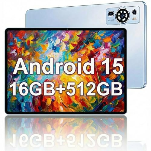 UXD Android 15 Tablet 10 Inch, 16GB RAM 512GB ROM Tablet PC, 4G LTE Dual SIM WiFi GPS, Octa-Core, 8000mAh Battery, 2 in 1 Tablet with Keyboard Mouse Case Bundle, for Work Study Gaming, Blue