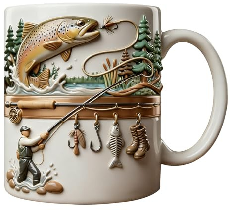 Mug de pêche – 350 ml – Tasse à café en émail pour la pêche à, pour temps froid, extérieur, camping, randonnée, pique-nique, aventure, jeu, eau, feu de camp, fête à la maison, thé, bière