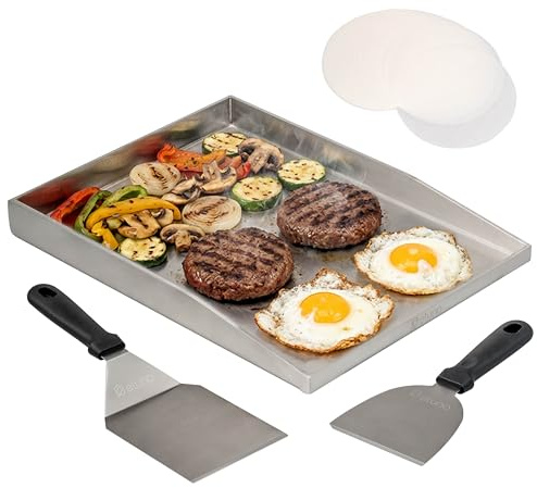 eluno Plancha Ensemble de plaques de cuisson comprenant 1 plaque de cuisson, 1 spatule, 1 pelle à grillades et 20 feuilles de papier pour hamburgers en acier inoxydable