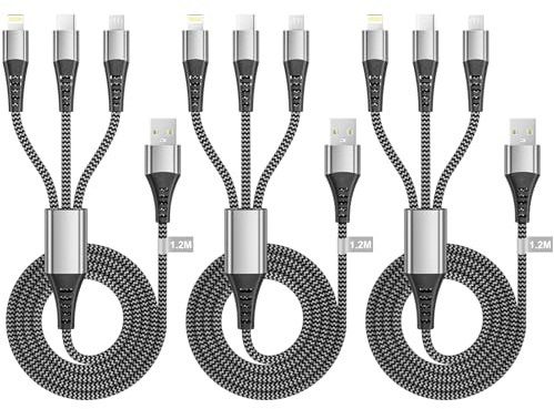 Multi USB Kabel [1.2M 3Pack], ladekabel 3 in 1 Schnellladekabel Nylon USB Ladekabel Mehrfach Anschlüsse Universal Ladekabel mit Micro USB Typ C Lightning für iPhone, Android,Galaxy, Huawei