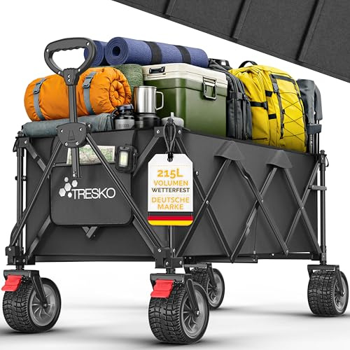 TRESKO® Bollerwagen faltbar 215L mit Bremse | Handwagen klappbar 150kg | Transportwagen inkl. Vollgummireifen | Faltbarer Strandwagen Extra Breite All-Terrain-Räder | Campingwagen mit Tragetasche