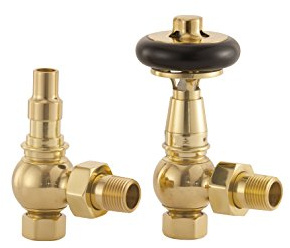 UK-28 Ab Arroll traditional thermostsic radiator valve in Antiqe brass with FSC certified black wooden wheel head & lockshield