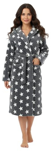 Brandsseller Accappatoio Donna con Cappuccio L/XL – In Microfibra Morbida con Motivo Stelle – Certificato Oeko-Tex – Ideale per Casa, Spa e Benessere – Grigio/Bianco