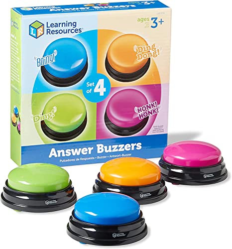 Learning Resources Antwort-Buzzer 4er-Set – Quiz- & Game-Show-Buzzer mit lustigen Soundeffekten, Ø 9 cm, Lernspielzeug ab 3 Jahren für Familie & Klassenzimmer