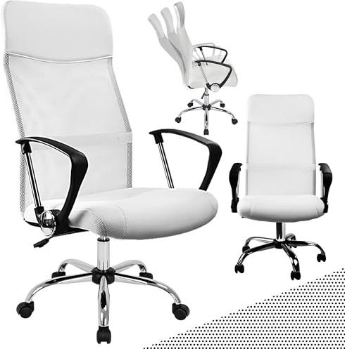 CASARIA® Silla Giratoria de Oficina Escritorio Ergonómica Malla Transpirable 5 Ruedas Respaldo Alto Ajustable 46-60 cm Función Balanceo Soporte Lumbar Blanco