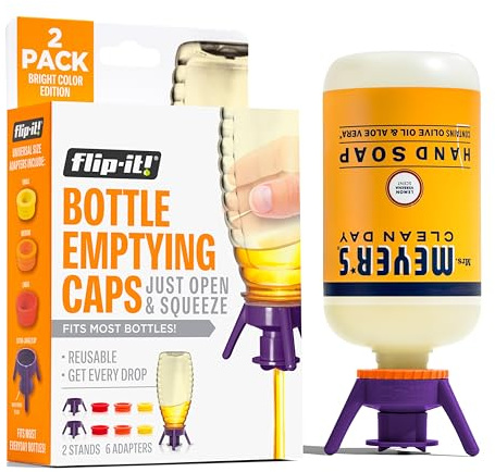 Flip-It! 2-Pack Premium Bottle Emptying Kit – No More Wasted Product - Fits Most Plastic Bottles – Get Out Every Drop of Shampoos, Lotions, & More – 2 Base Caps, 6 Adapters – Bright Color Edition