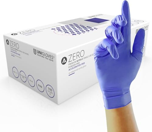 Unigloves Advanced Zero GM0053 Accelerator Free Nitrile Examination - Multipurpose and Free From Powder, Zinc, Sulphur & Latex, Box of 100 Gloves, Blue, Medium