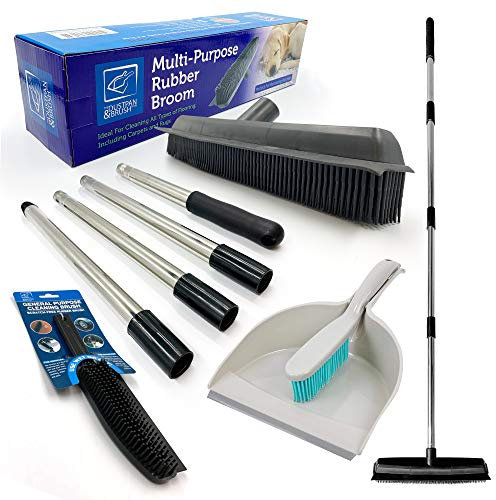 Rubber Broom Long Handle Push Broom Rubber Bristles Sweeper Squeegee with Scratch Free Bristle for Pet Cat Dog Hair Cleaning Carpet Hardwood Tile Windows (Sweeper & Dustpan, Hand Brush)