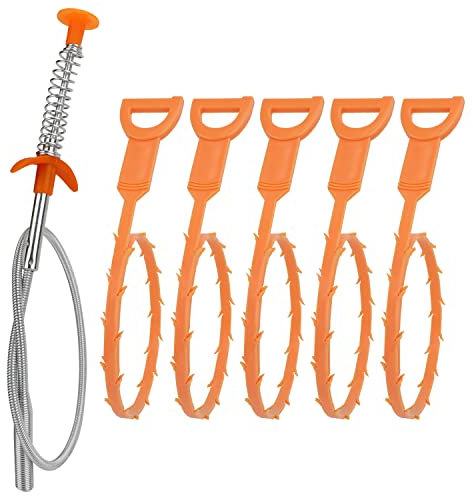 Amazon Basics Drain Clog Remover Tool, 6 Pack with 5 Plastic and 1 Stainless Steel Drain Snakes, Hair Unclogger for Toilet, Kitchen Sink, Bathroom Tub, Shower, Sewer