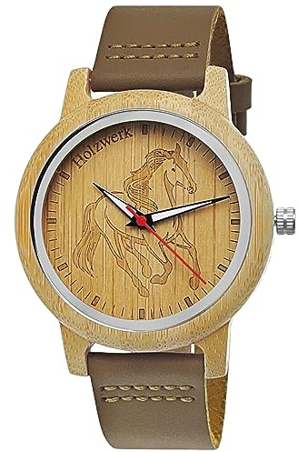 Handgefertigte Holzwerk Tori Brown Damen-Uhr Herren-Uhr Unisex Öko Natur Holz-Uhr Leder Armband-Uhr Analog Quarz-Uhr mit Pferde Pony Motiv Uhr in Braun