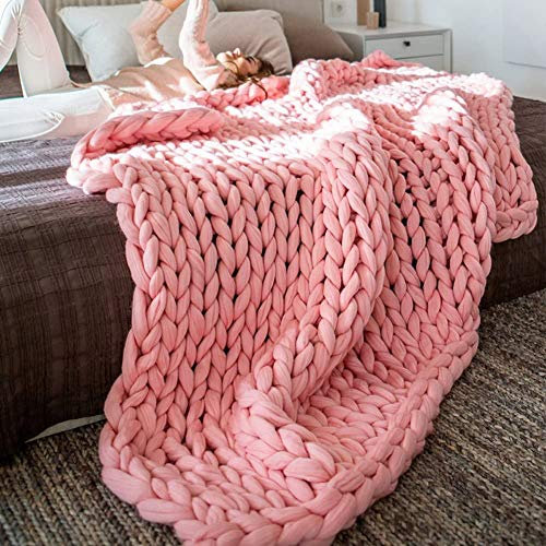lffopt Plaid Tricot Grosse Maille Pelote Laine Jette pour Lits Chunky Jeter Couverture 80X100,Pink