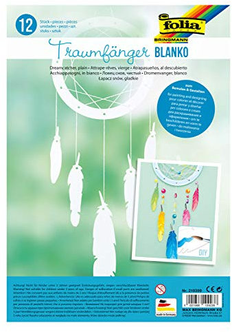 folia 219399 - Traumfänger Rohlinge aus Karton, 12 Stück vorgestanzt und unbedruckt, Traumfängerringe und Federn, zum selbst Bemalen und Verzieren, Weißen
