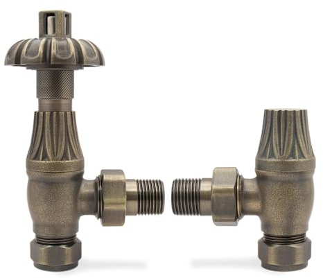 Antique Brass Angled Traditional TRV Thermostatic Radiator Towel Rail Valves