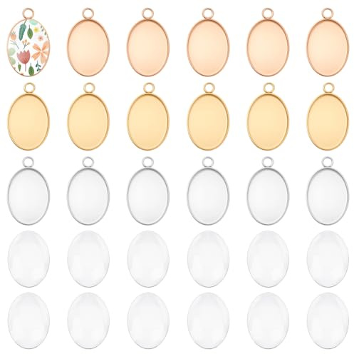 UNICRAFTALE Ca. 30 Sets 3 Farben Ovale Anhängerrohlinge Mit 14x10 mm Durchsichtigen Cabochons Edelstahl-Blende Lünette Hypoallergene Tablettbasis Anhänger-Cabochon-Einstellungen Für Schmuck