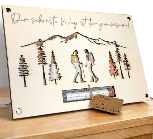 Geldgeschenk Hochzeit Wanderer aus Holz | Einzigartiges Hochzeitsgeschenk für Brautpaar | Paargeschenk | Hochzeits-Geldgeschenk | Flitterwochen-Geschenk | Personalisierbar im Reagenzglas