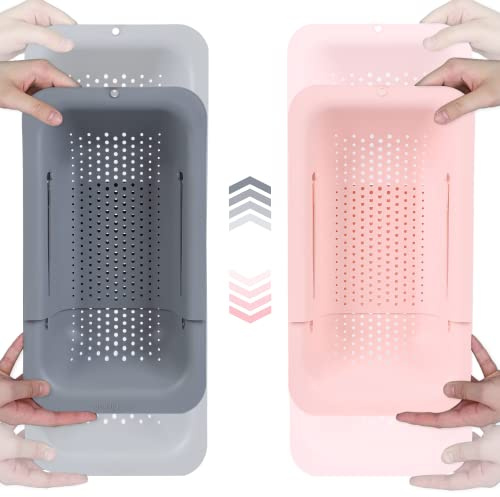 BLUE GINKGO Sink Colander Baskets - Wash Vegetables and Fruits, Drain Cooked Pasta - Extendable - Kitchen Essentials (Pack of 2) (Grey & Pink)