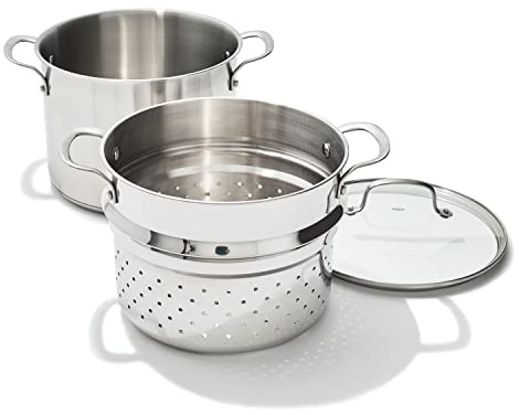 OXO Stainless Steel 8.4QT Multipurpose Boiler Pot with Steamer Insert & Glass Lid, Stockpot for Simmering, Boiling, Steaming, Stew, Soup, Pasta, Induction Suitable, Dishwasher Safe, Stainless Steel