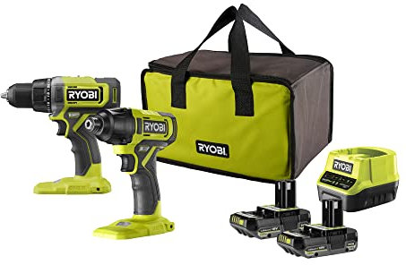 Ryobi - Duo 18V One+ Perceuse + Visseuse à choc Livrées avec 2 batteries 2Ah et son chargeur, dans un sac de transport - RCK182G-220S
