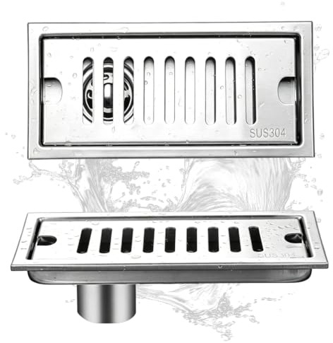 Tissting Bodenablauf, 20 x 10 cm Silber Rechteckige Bodenspüle mit Edelstahlrost, Bodenablauf mit Geruchsverschluss, Shower Drain Hair Catcher für Toilette Badablauf Küche BalkonSide Drainage, 20cm